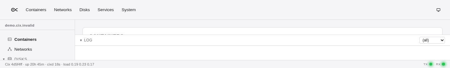 Cix dashboard showing the site identity demo.cix.invalid after it was set through cixctl